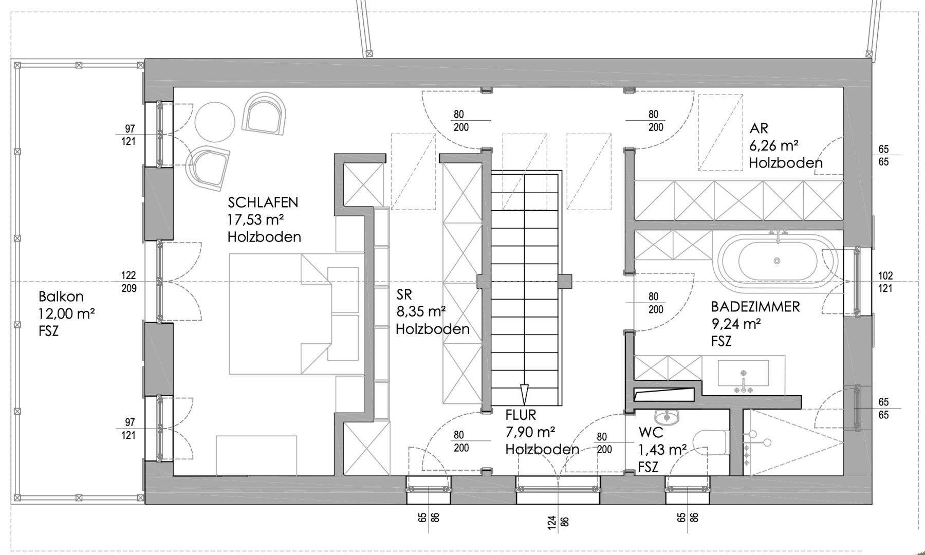 Grundriss des Obergeschosses mit Schlafzimmer, Bad, Schrankraum, separatem WC und Balkon.