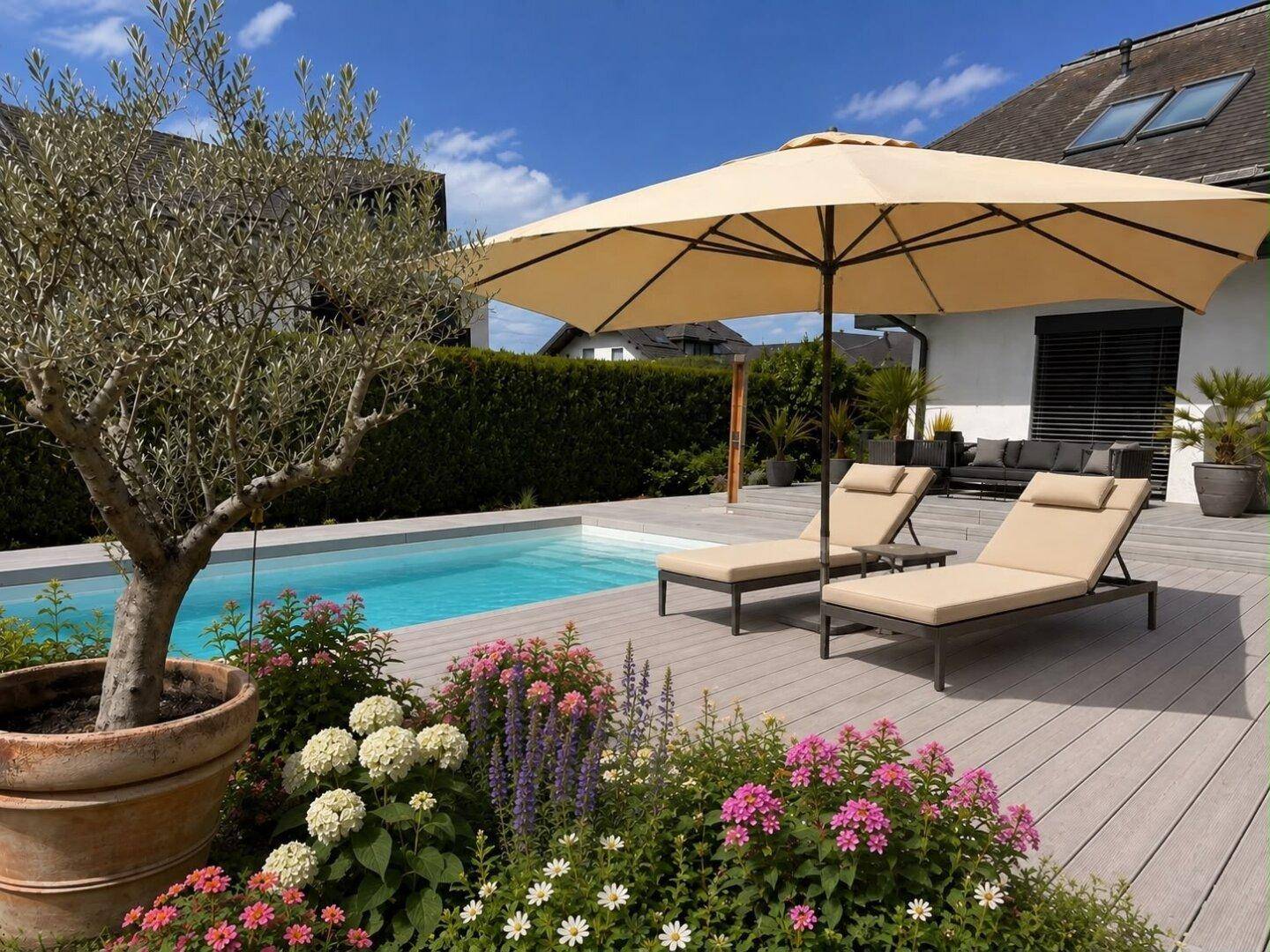 Sonniger Poolbereich mit Holzterrasse, bequemen Liegen und mediterranen Pflanzen für eine entspannte Atmosphäre.