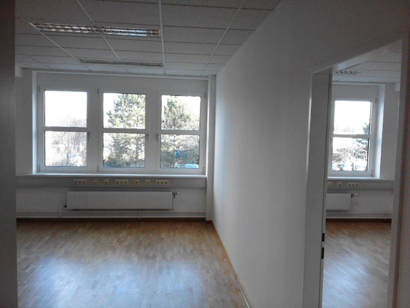 Heller Büroraum mit großen Fenstern, Holzboden und Blick ins Grüne, ideal für Arbeitsbereiche.