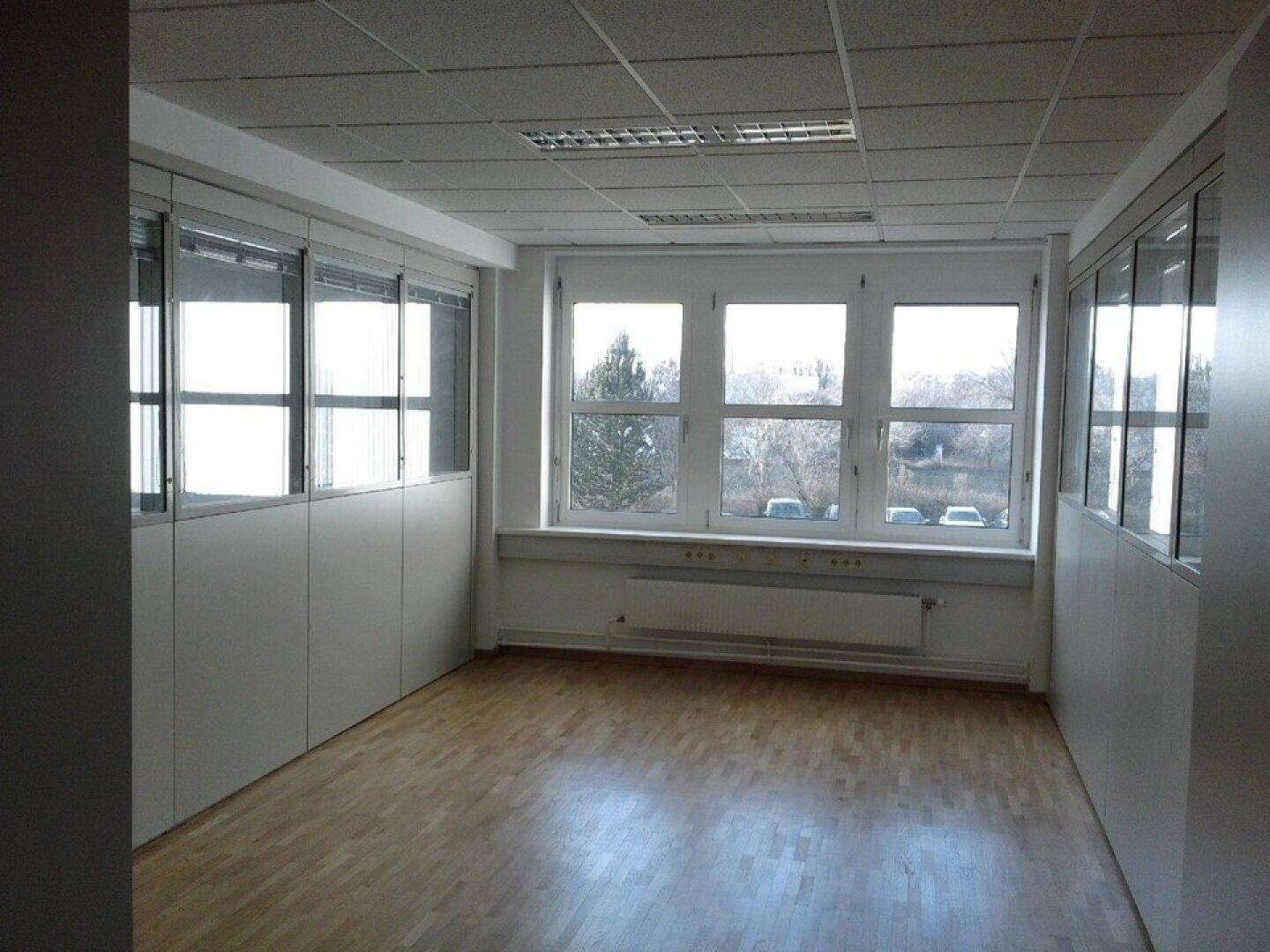Geräumiger Büroraum mit Holzboden, großen Fenstern und internen Glaswänden für offene Gestaltung.