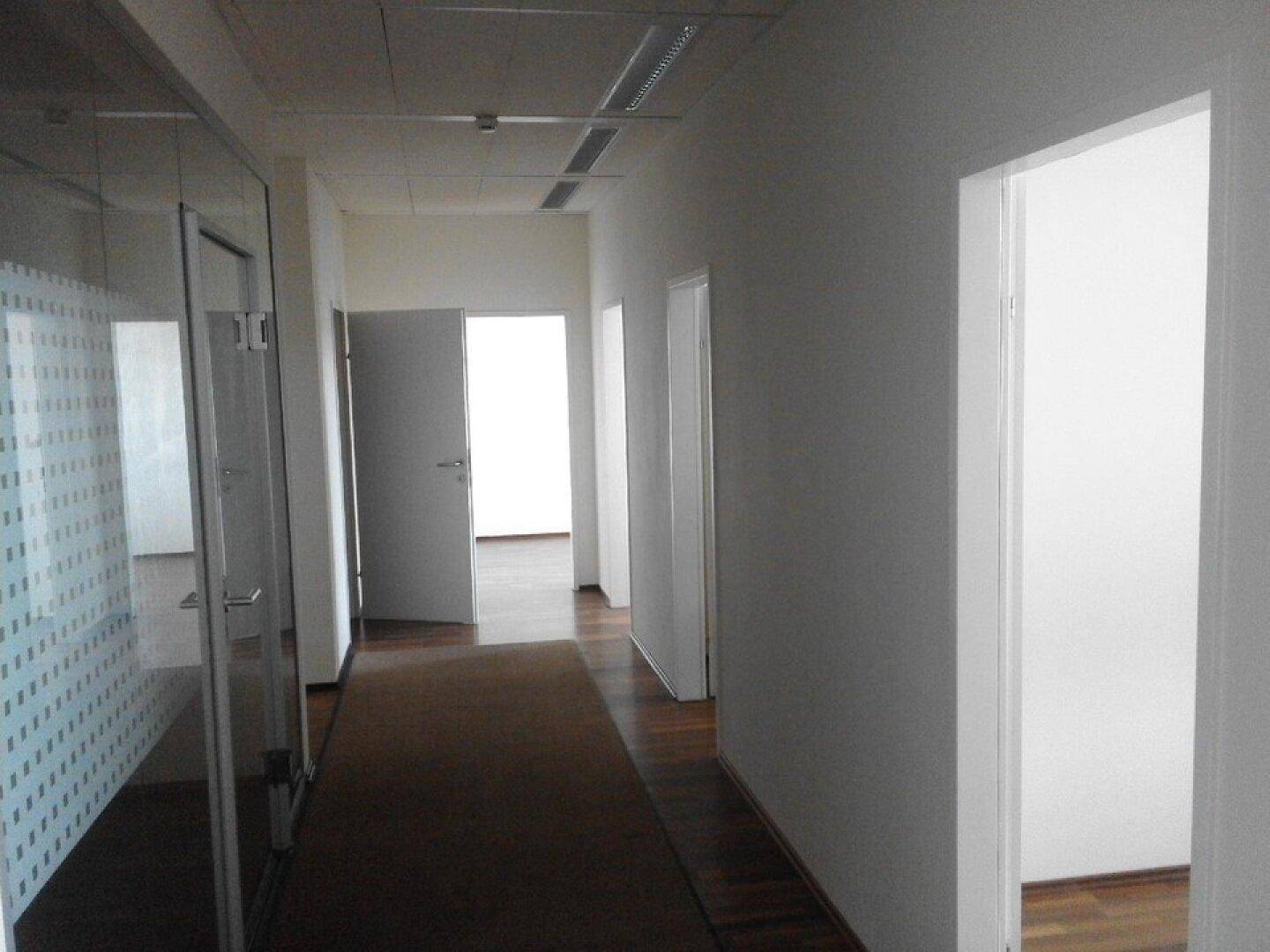 Langer Flur mit Holzboden, weißen Wänden und mehreren Bürotüren, verbindet verschiedene Arbeitsbereiche.