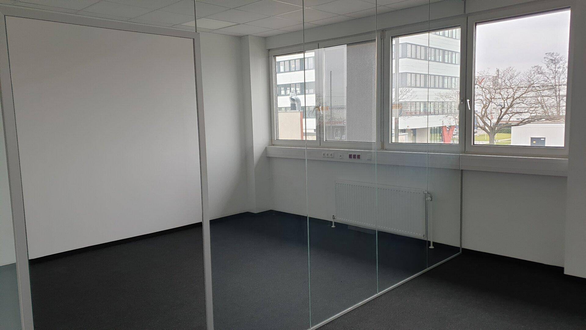 Leeres Büro mit Teppichboden, großen Fenstern und einer modernen Glasabtrennung.