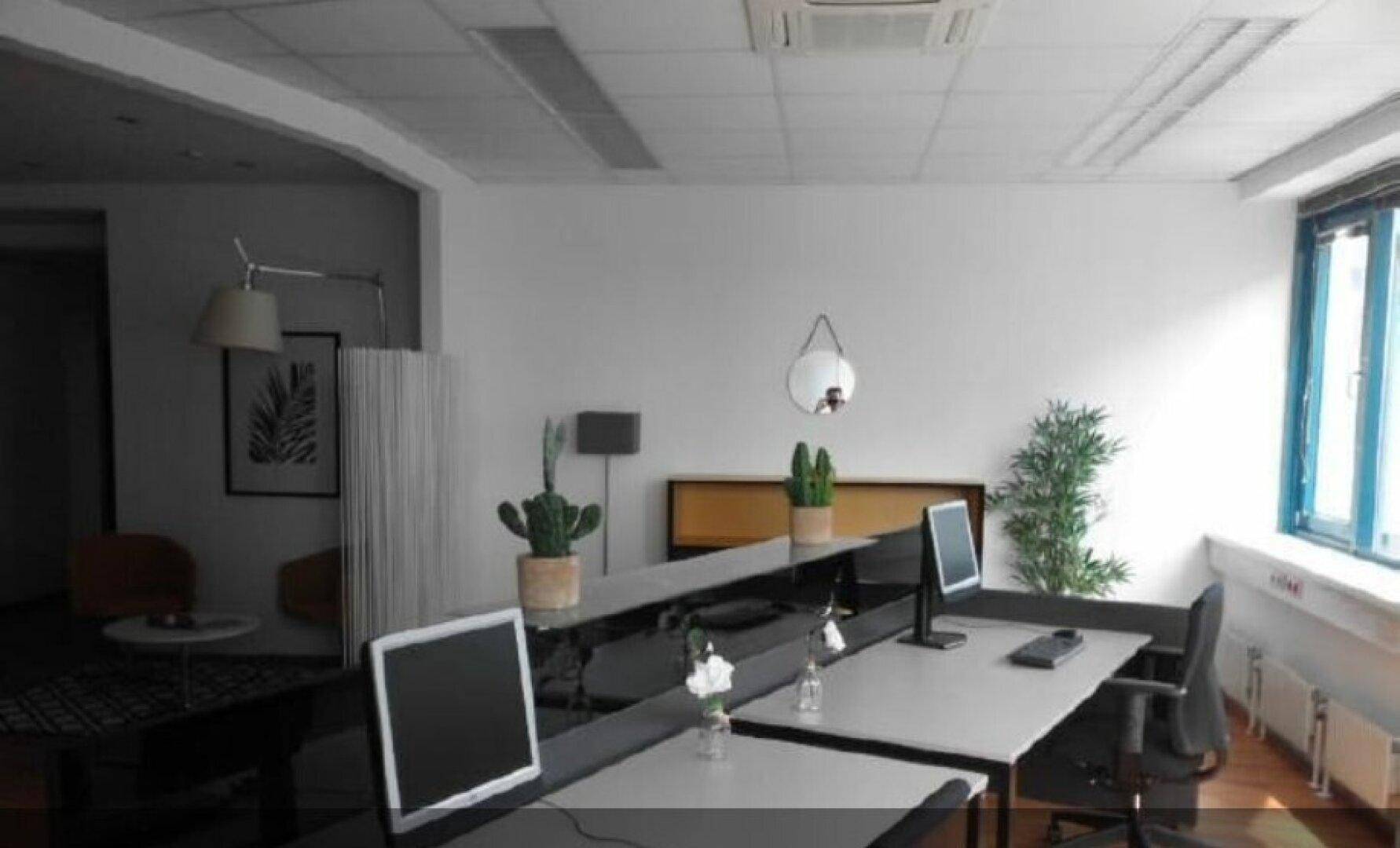 Offener Bürobereich mit mehreren Arbeitsplätzen, modernen Möbeln und Pflanzen.