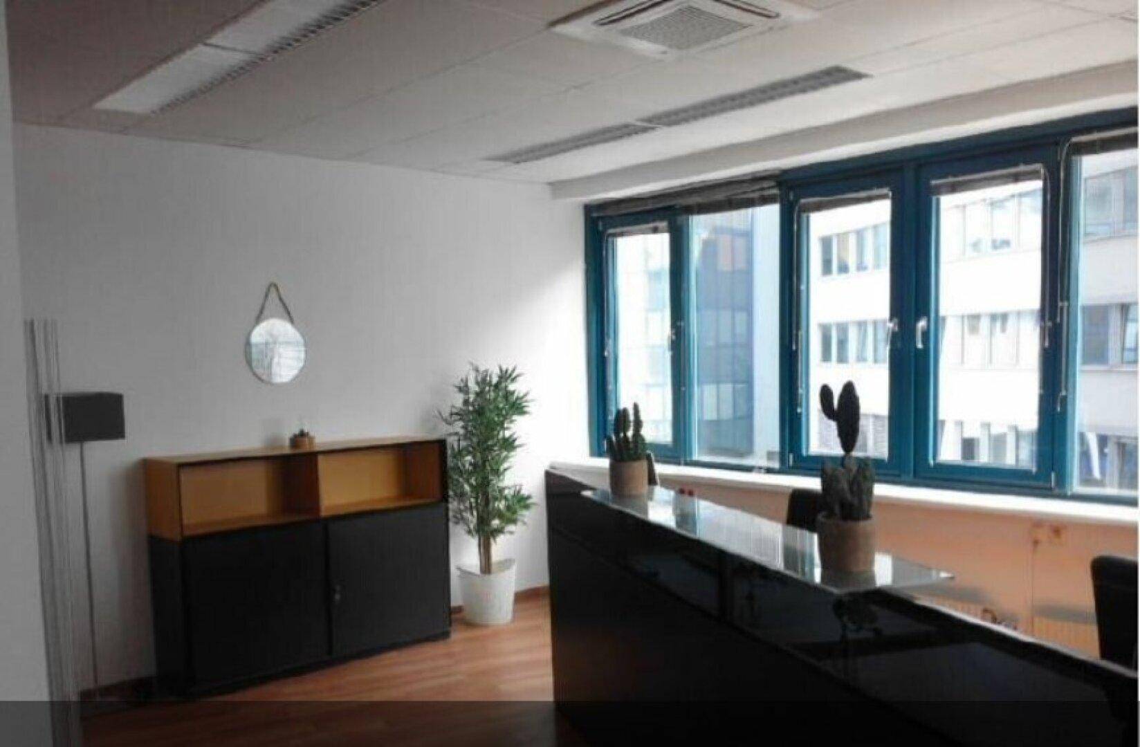 Heller Bürobereich mit Stauraum, Pflanzen und großen Fenstern mit Stadtblick.