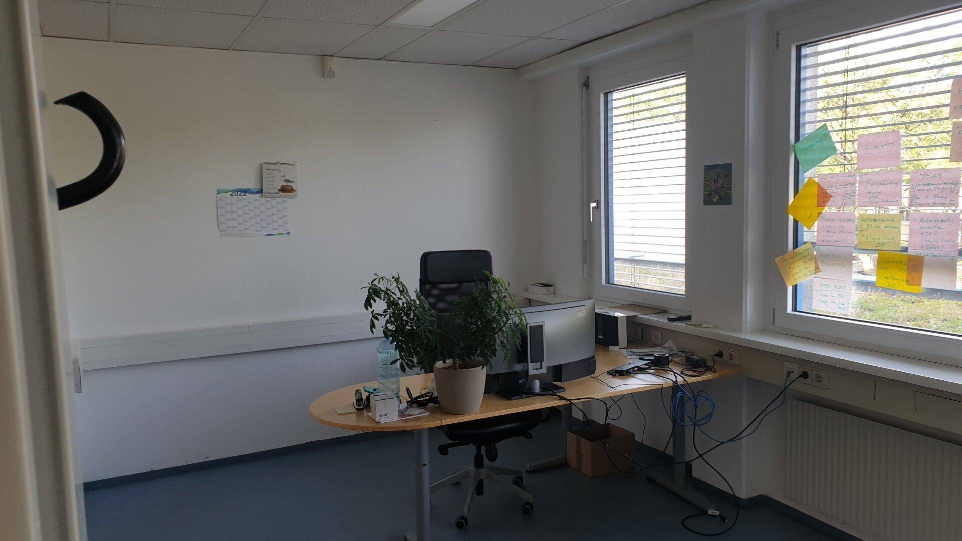 Arbeitsplatz in einem hellen Büro mit Fensterfront und Blick nach draußen.