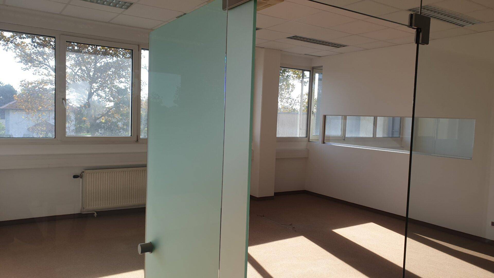 Helles Büro mit großen Fenstern, Teppichboden und einer modernen Glastür.