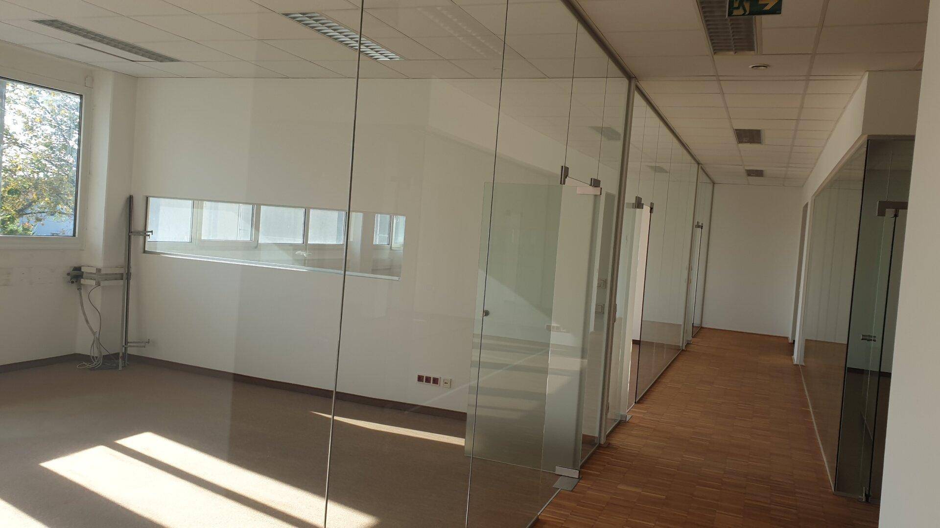 Geräumiges Büro mit Teppichboden und Glaswänden, die viel Licht hereinlassen.