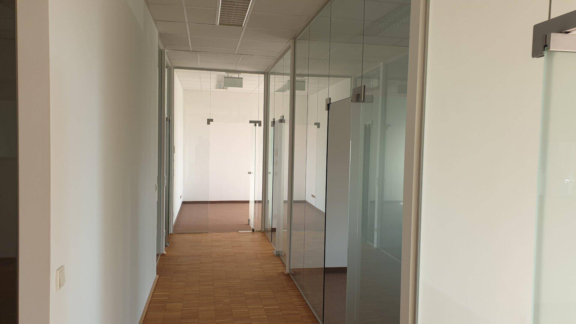 Bürogang mit Holzparkett und Glaswänden, die den Blick in die angrenzenden Büros freigeben.