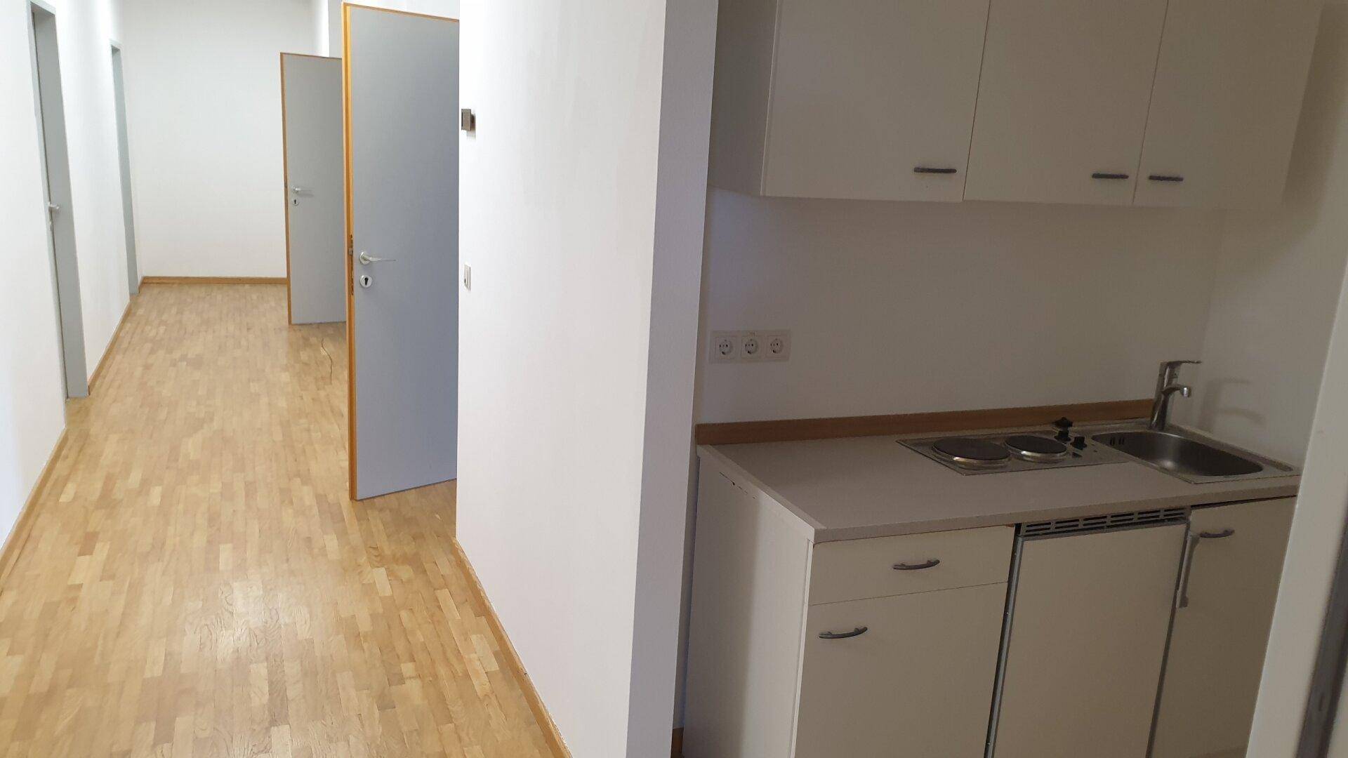 Heller Flur mit Holzfußboden und einer integrierten, funktionalen Küchenzeile.