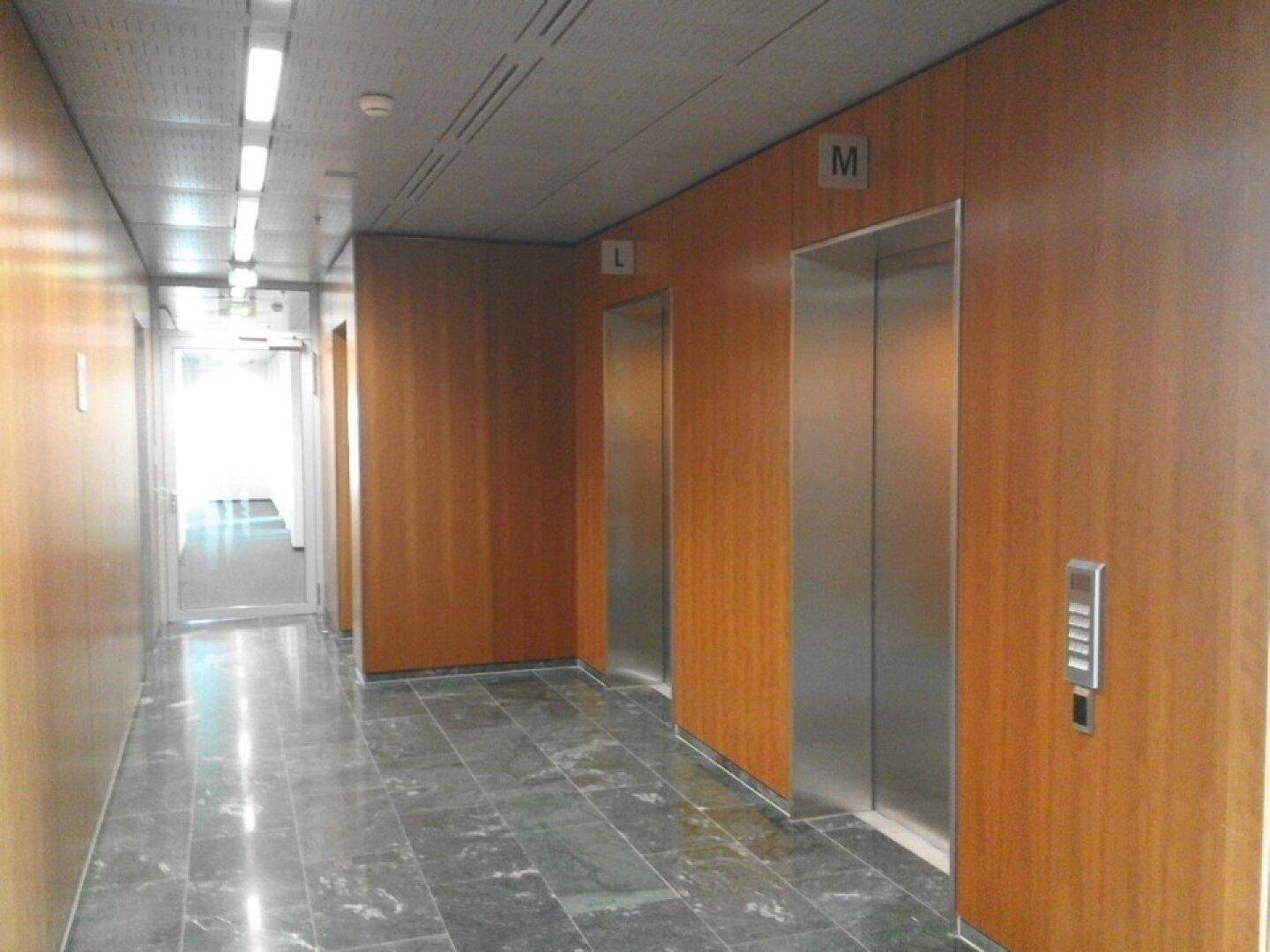 Heller Aufzugsbereich mit zwei modernen Aufzügen und eleganten Holzverkleidungen an den Wänden.