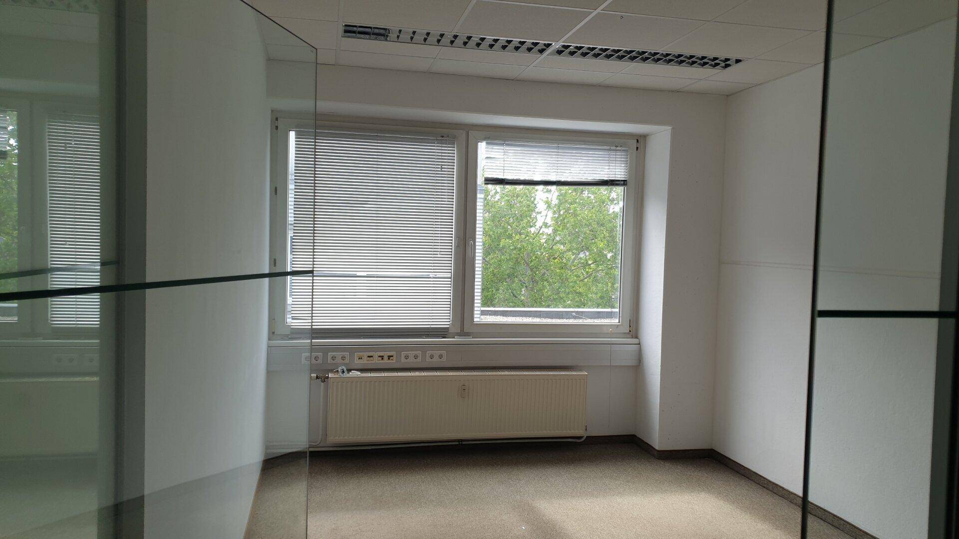 Helles Büro mit Teppichboden, großen Fenstern und Blick ins Grüne, ausgestattet mit Heizkörper.