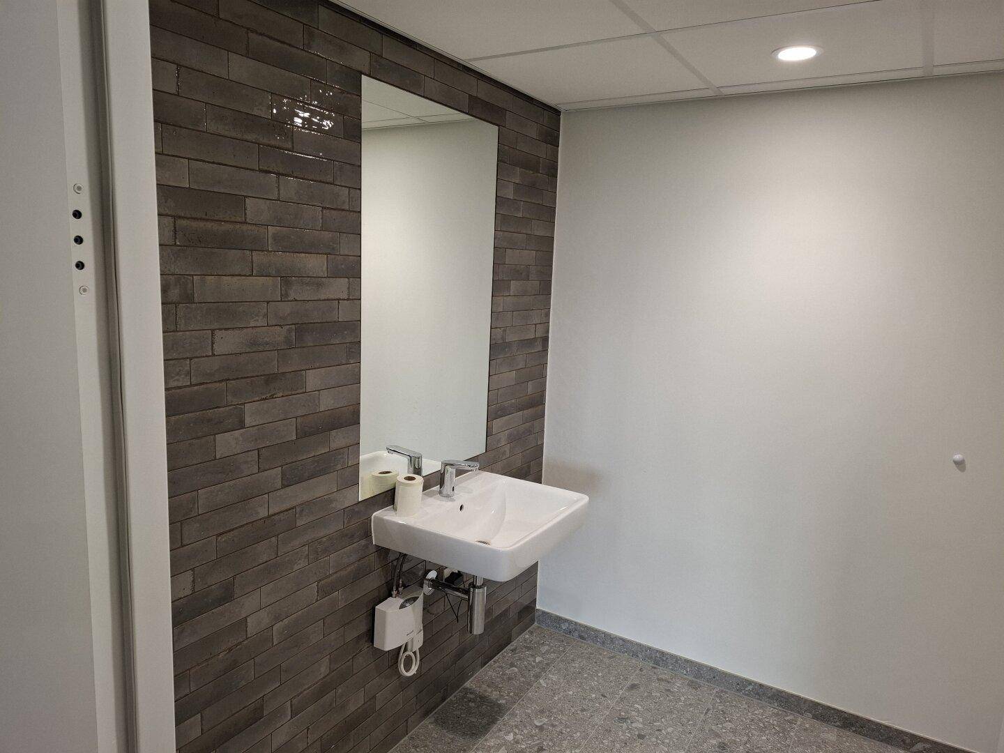 Modernes Badezimmer mit Waschbecken, großem Spiegel und einer Wand aus dunklen Ziegeln.