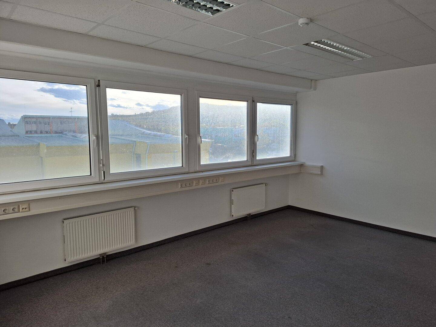 Leerer Büroraum mit großen Fenstern, Teppichboden und Deckenbeleuchtung, bereit zur Nutzung.