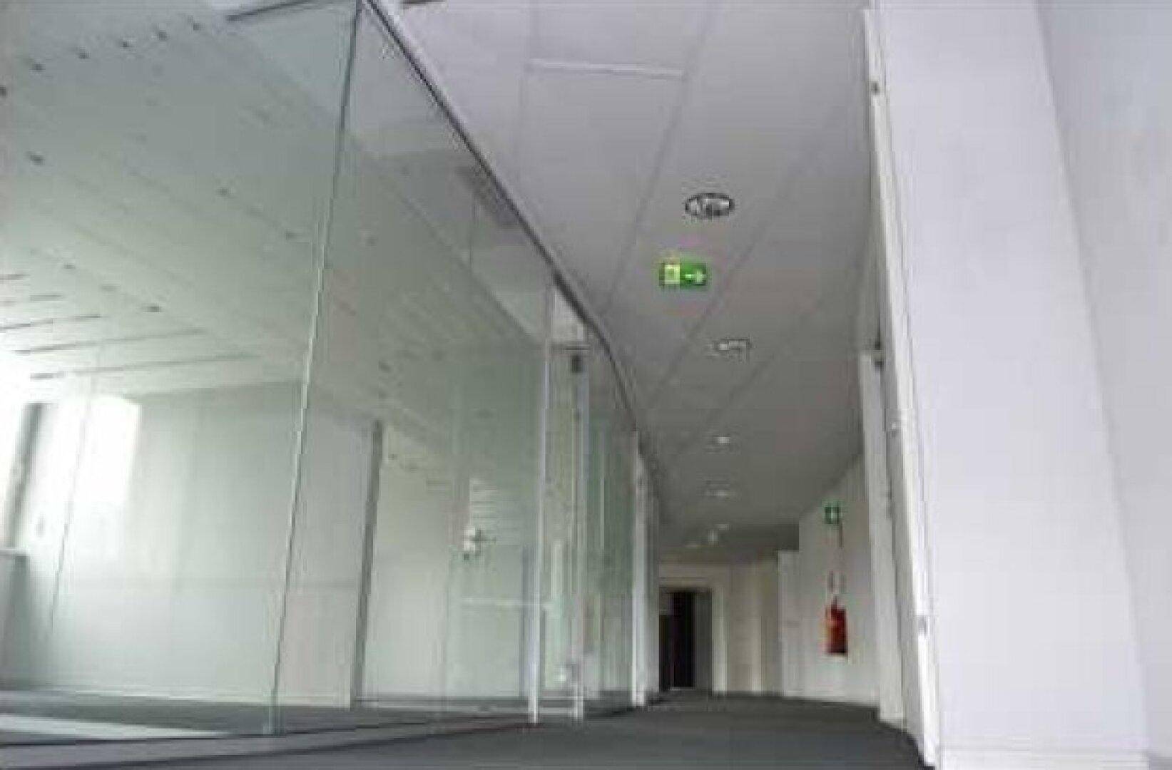Langer Flur mit Glaswänden zu Büroräumen, Teppichboden und Deckenbeleuchtung.