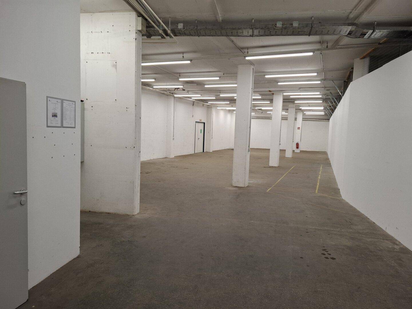 Heller, weitläufiger Lagerraum mit Betonboden, weißen Säulen und funktionaler Deckenbeleuchtung.
