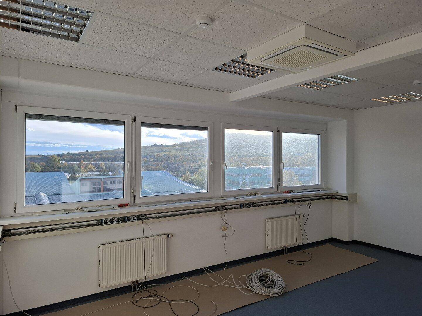 Geräumiges Büro mit mehreren Fenstern, Teppichboden und Verkabelung, bietet viel Tageslicht.