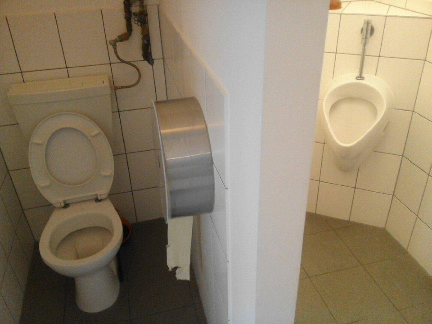 Ein gefliester Toilettenraum mit einer Toilette und einem Urinal, getrennt durch eine Trennwand.