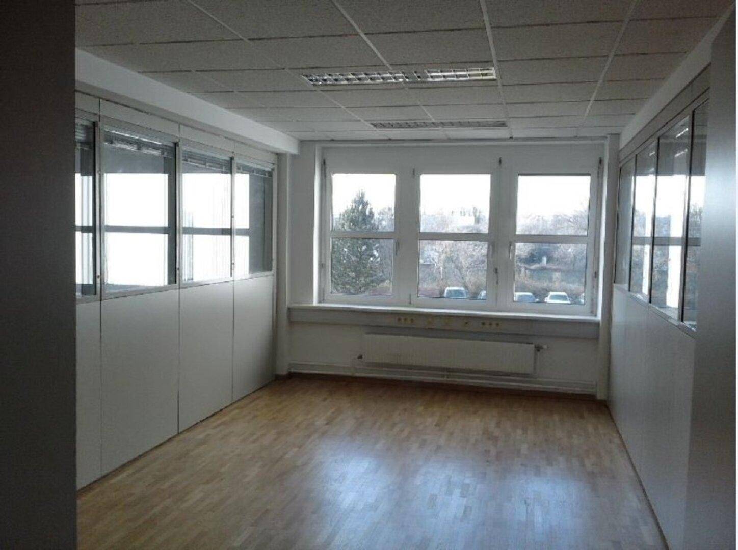 Helles Büro mit Holzboden, großen Fenstern und Blick nach draußen, ideal für konzentriertes Arbeiten.