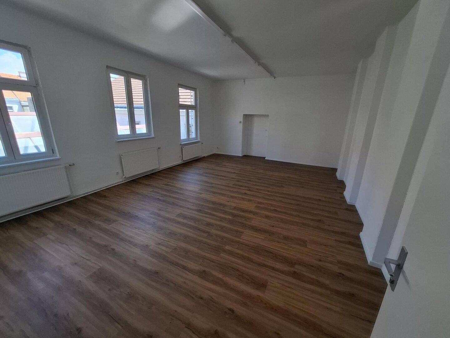 Geräumiger, leerer Raum mit hellem Laminatboden, weißen Wänden und mehreren Fenstern für viel Tageslicht.