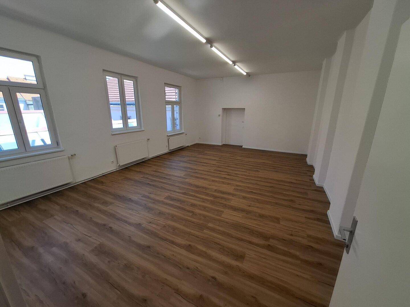 Geräumiger, leerer Raum mit hellem Laminatboden, weißen Wänden und mehreren Fenstern für viel Tageslicht.