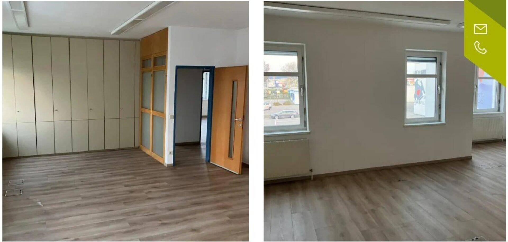 Geräumiger Büroraum mit Einbauschränken, großen Fenstern und Laminatboden.