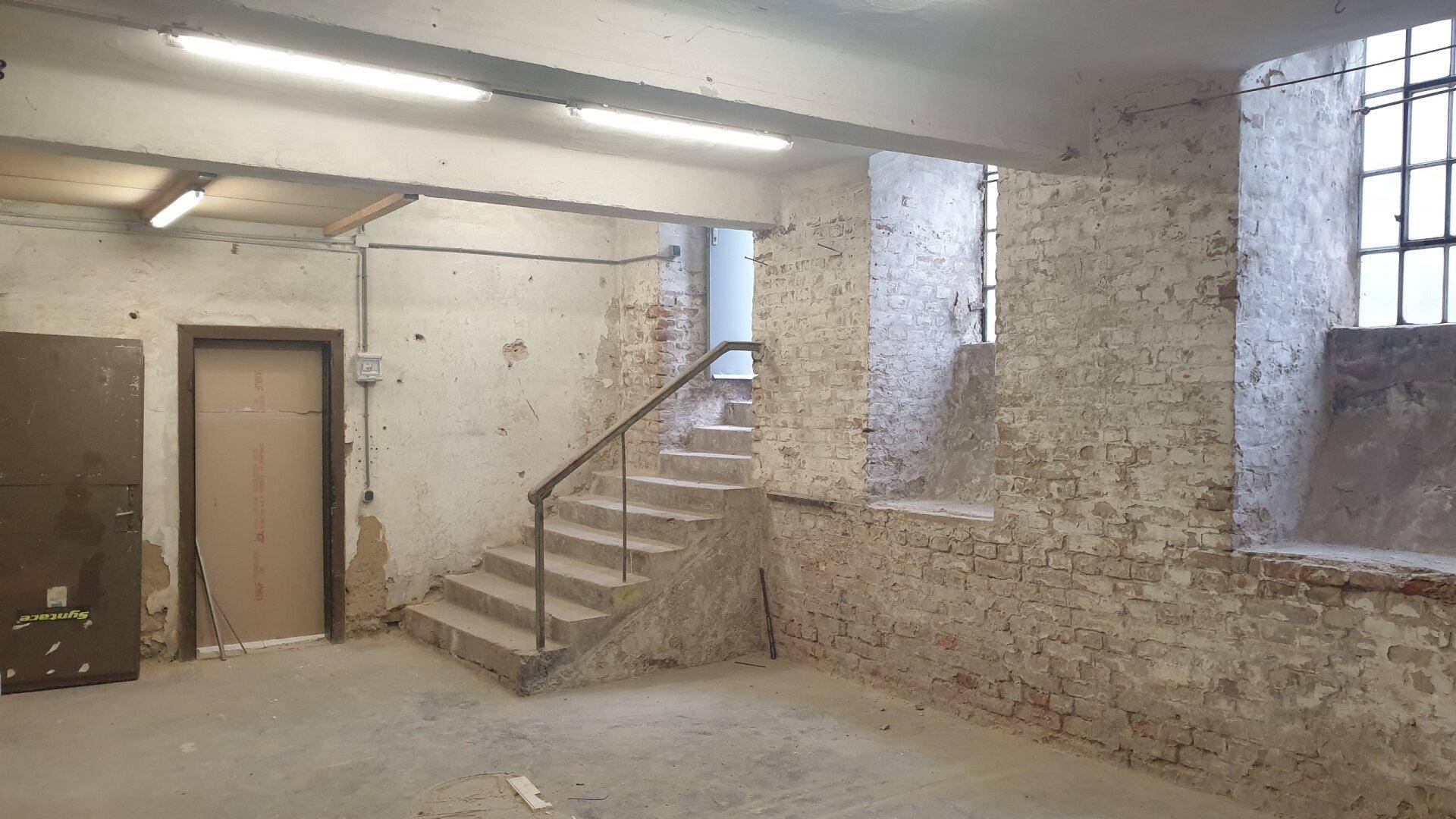 Großer Kellerraum mit Betontreppe, freigelegten Ziegelwänden und einfachen Leuchtstoffröhren.
