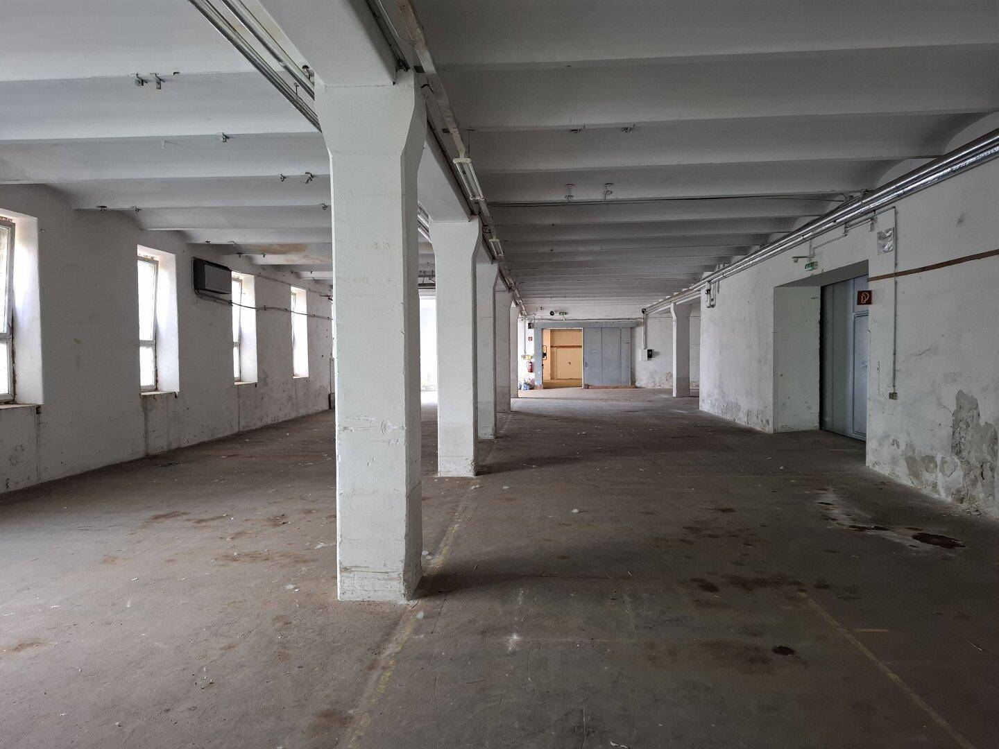 Langer, offener Lagerraum mit vielen Fenstern entlang der Wand, Betonboden und robusten Stützpfeilern.