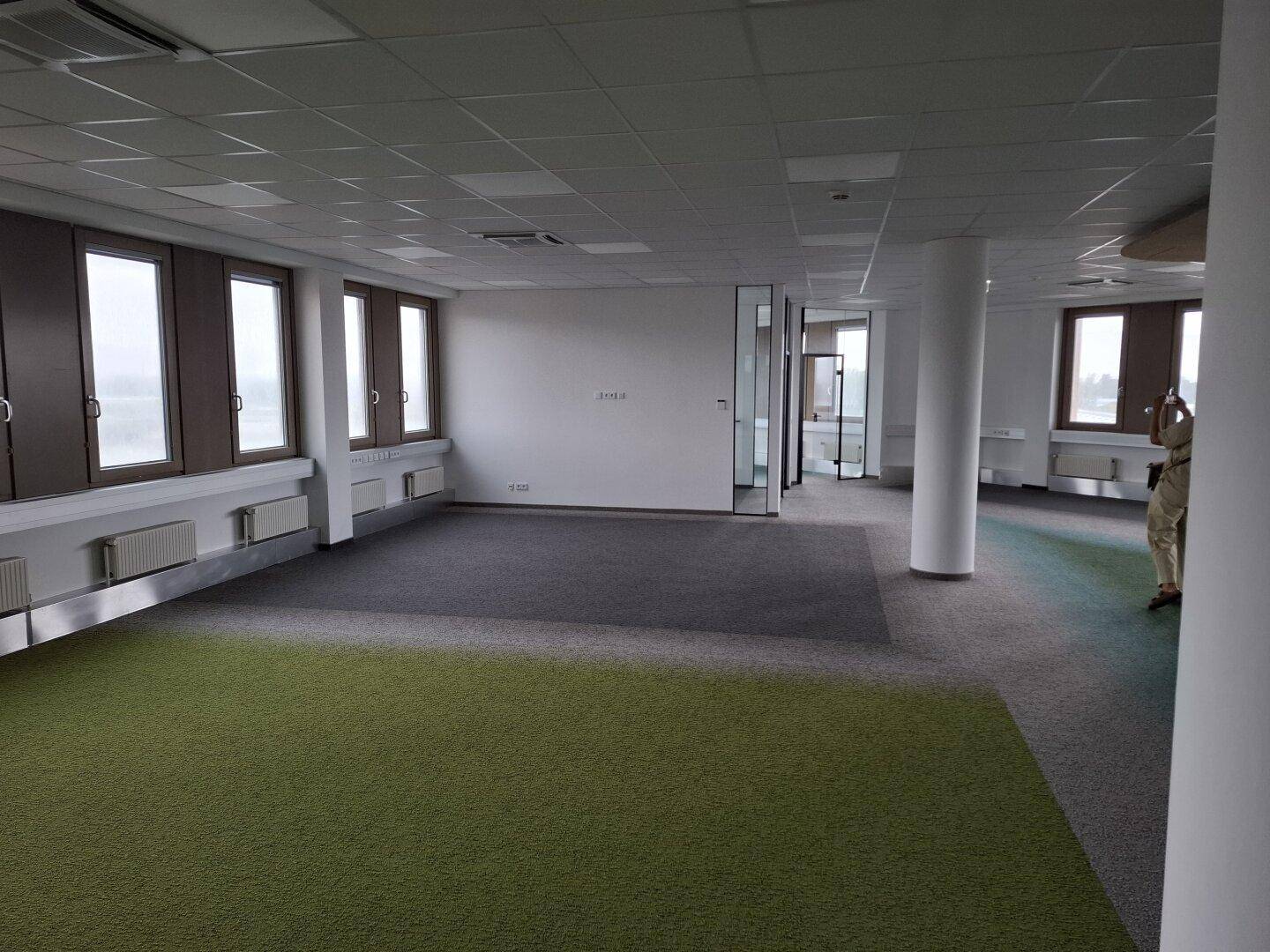 Großzügiger Großraumbüro-Bereich mit Teppichboden in verschiedenen Grüntönen und vielen Fenstern.