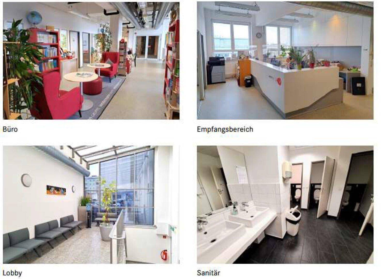 Vier Bilder zeigen verschiedene Innenbereiche eines modernen Bürogebäudes, darunter Büros, Empfang, Lobby und Sanitäranlagen.