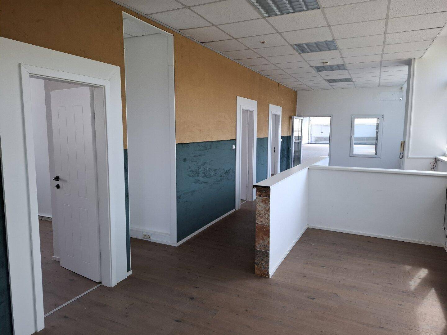 Heller Flur mit Holzboden, farbigen Wänden und Türen zu verschiedenen Büroräumen.
