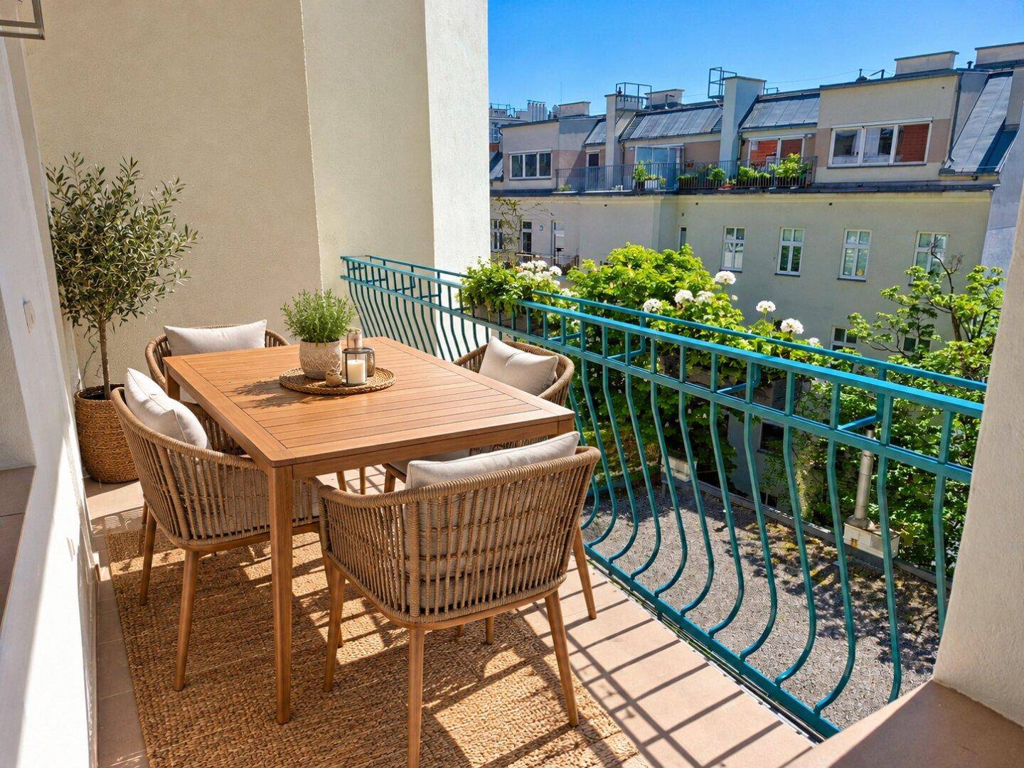 Gemütlicher Balkon mit Outdoor-Esstisch und Stühlen, ideal für Mahlzeiten im Freien mit Blick auf die Stadt.