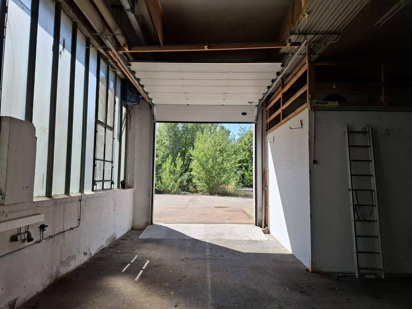 Geräumiger Lagerraum mit großem Rolltor, Betonboden und viel Tageslicht durch die Fenster.