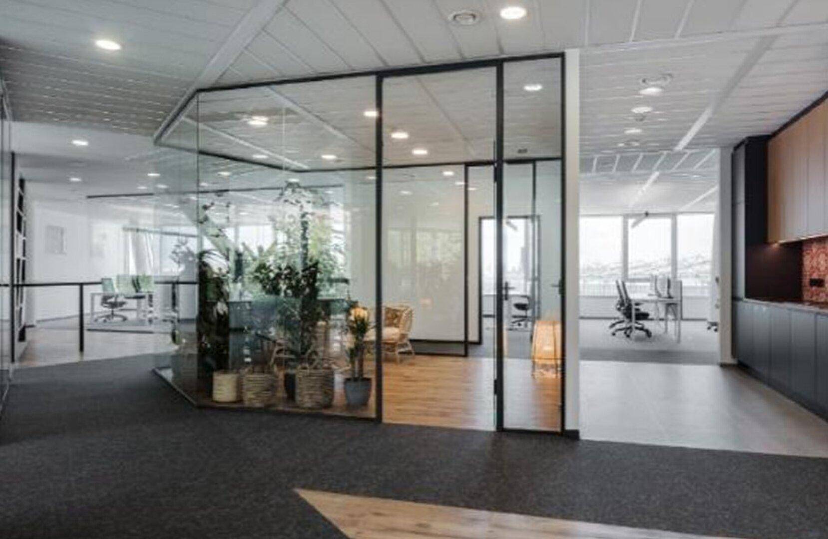 Heller Bürobereich mit Glaswänden, Holzboden und Pflanzen als stilvolle Raumteiler.