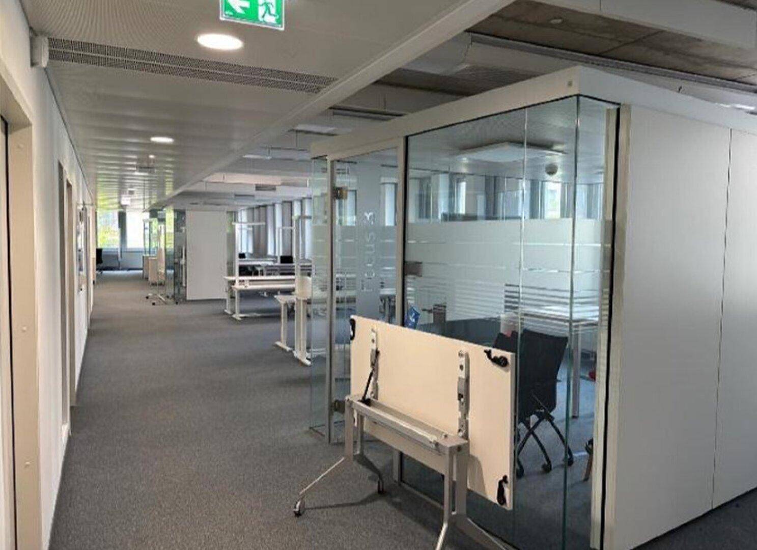 Moderner Bürogang mit Teppichboden und gläsernen Trennwänden für separate Arbeitsbereiche.