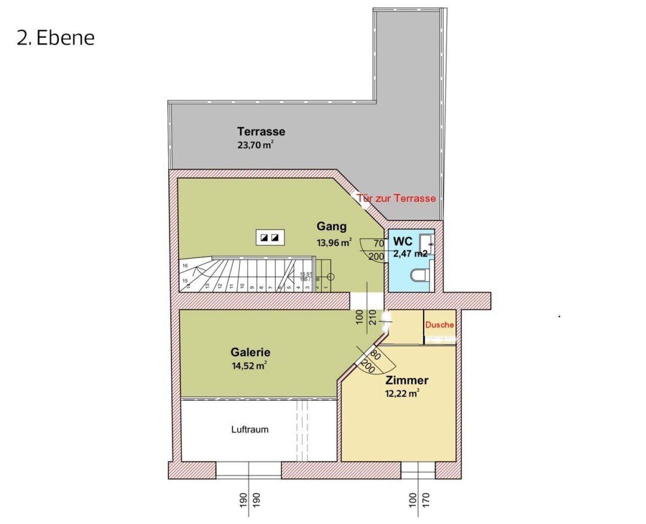 Grundriss der zweiten Ebene mit großer Terrasse, Galerie, separatem WC und Dusche.