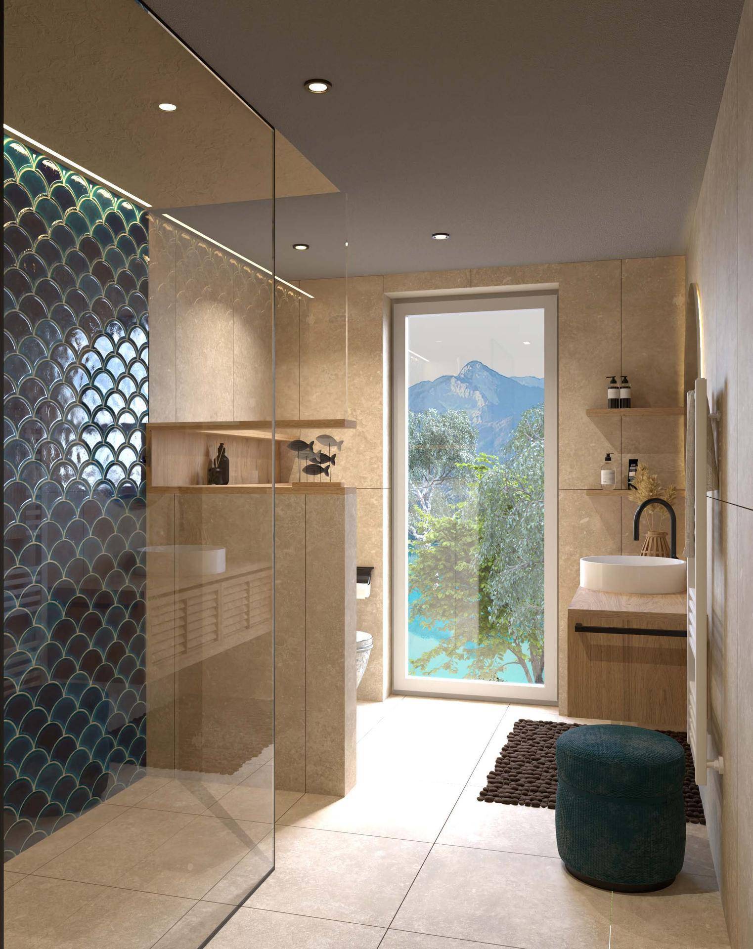 Modernes Badezimmer mit begehbarer Dusche, Fischschuppenfliesen und Bergblick durch das Fenster.