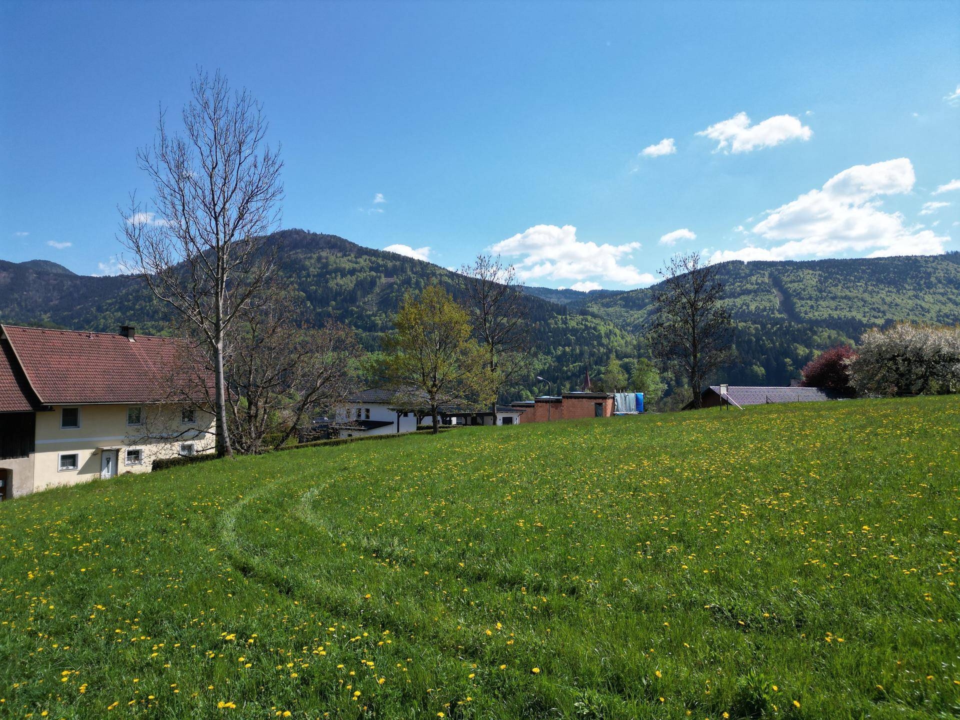 Weitläufiges grünes Feld mit Reifenspuren, umgeben von Häusern und bewaldeten Bergen unter klarem Himmel.