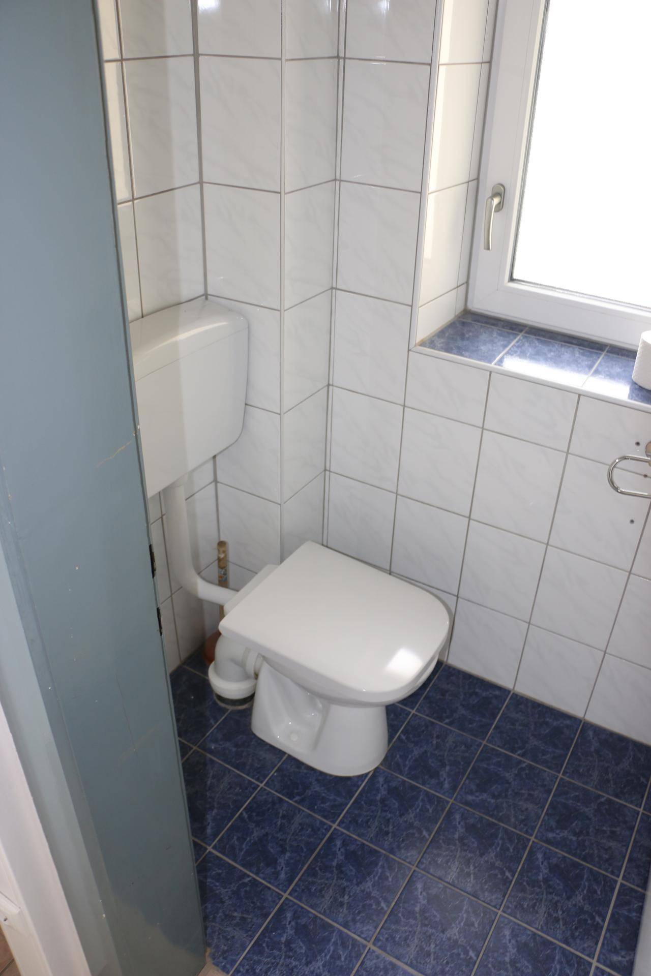 Kleines WC mit blauen Fliesen am Boden und weißen Wandfliesen, inklusive Fenster.