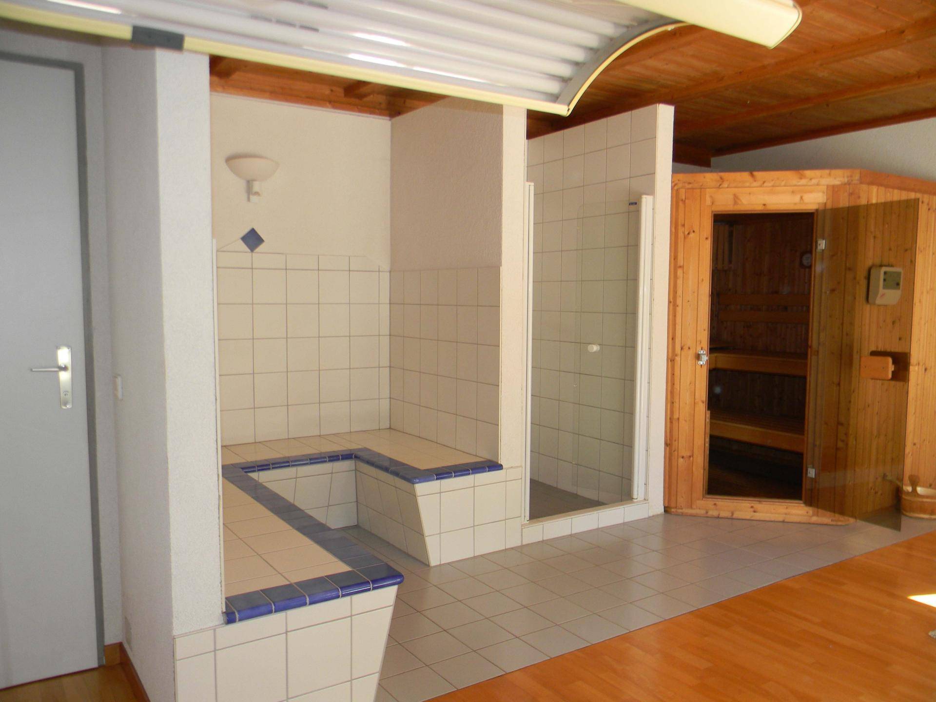 Wellnessbereich mit Holzsauna, gefliesten Sitzbänken und Duschkabine für Entspannung.