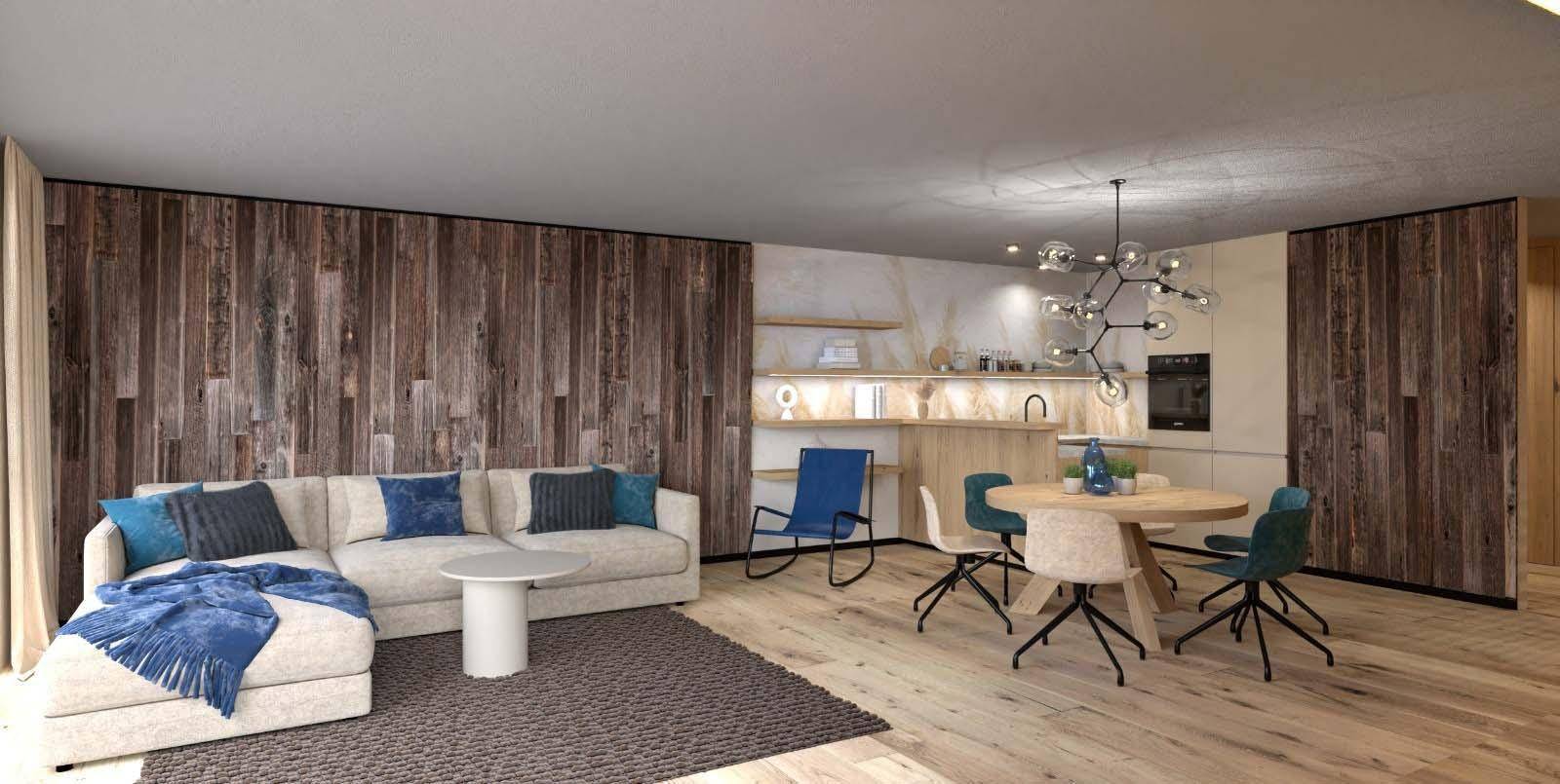 Offener Wohn- und Essbereich mit Holzakzenten, bequemer Couch und modernem Esstisch.