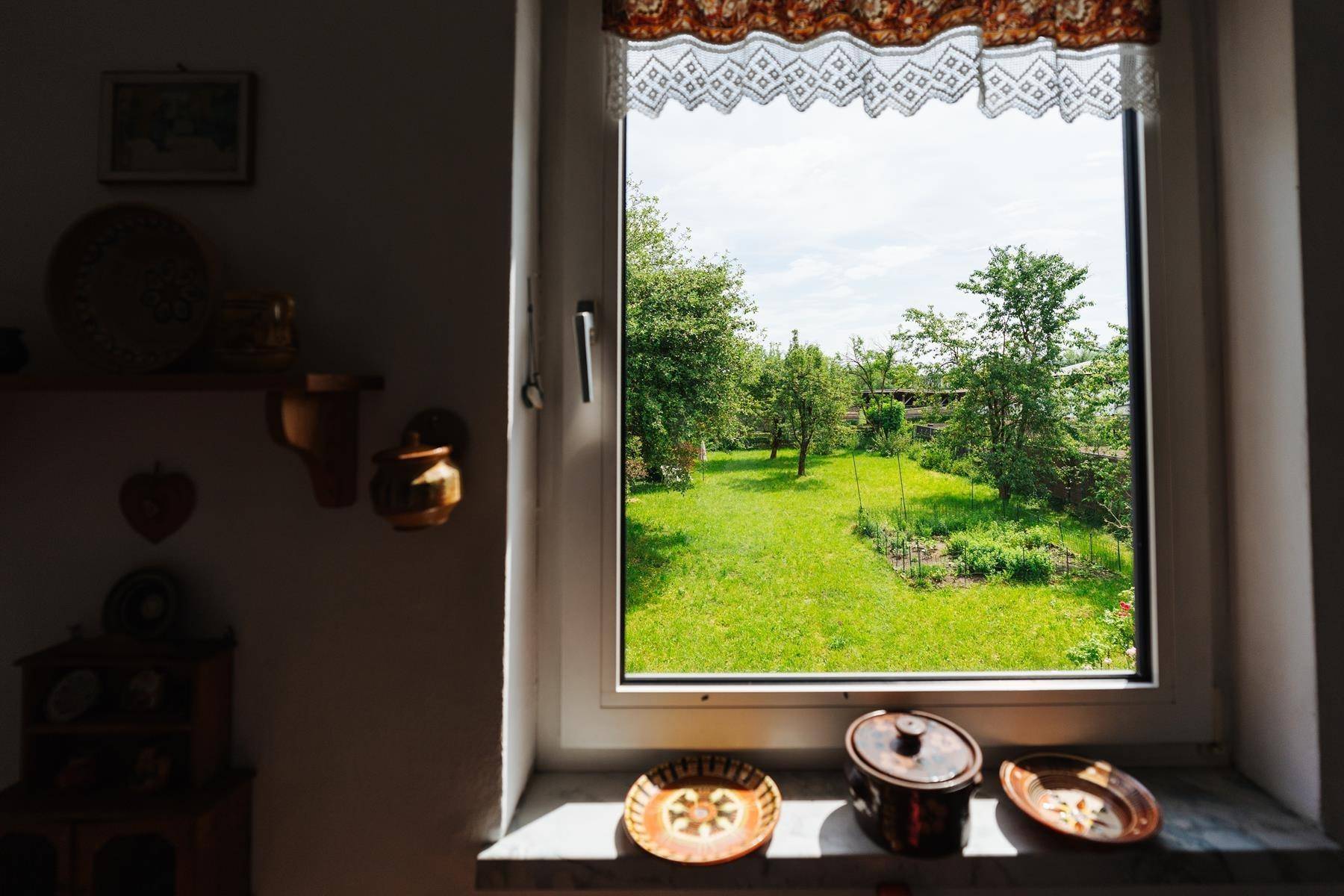 Fenster mit Blick auf den weitläufigen grünen Garten und die umliegende Natur.