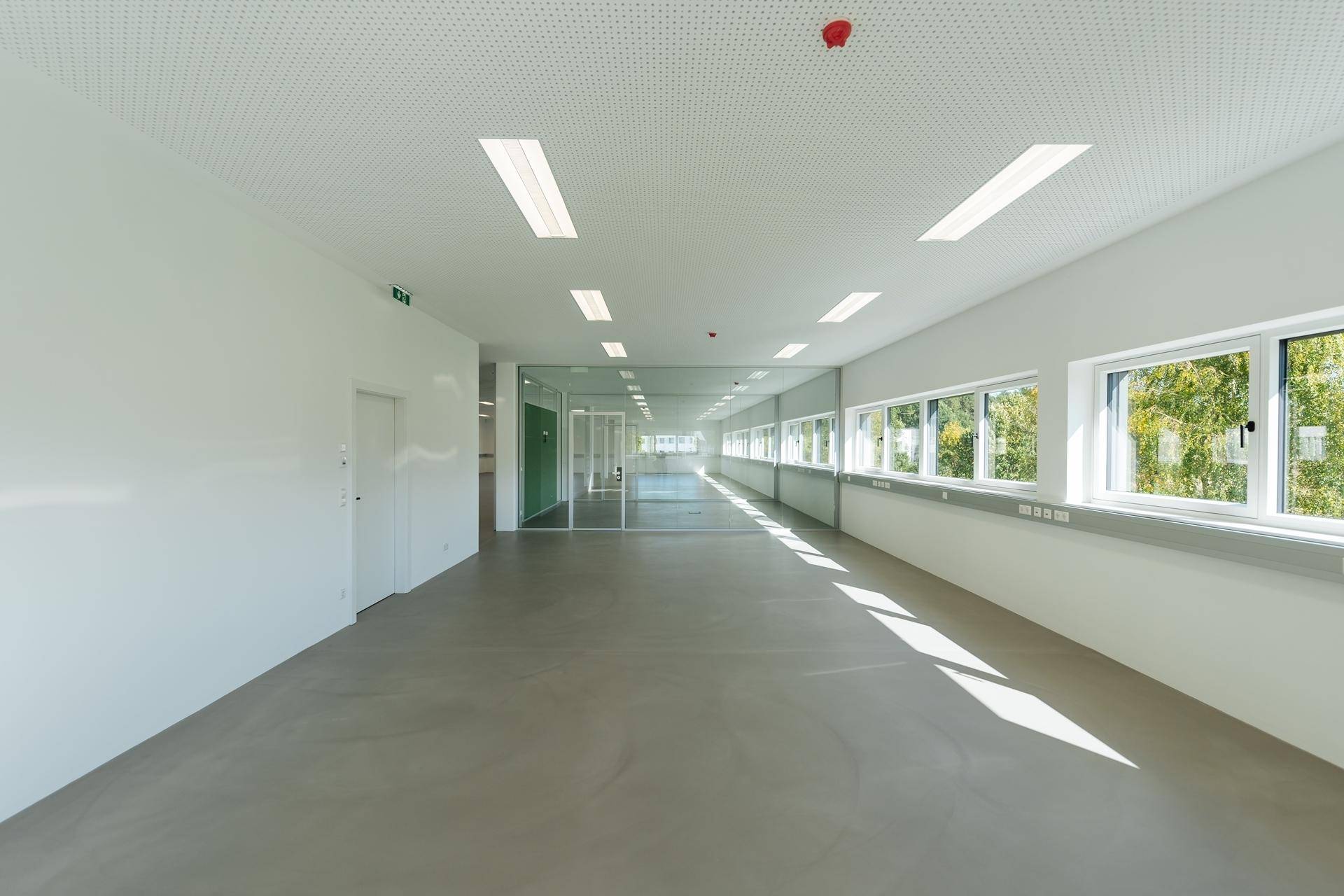 Langer, heller Flur oder offener Bürobereich mit großen Fenstern und Blick auf die Natur.