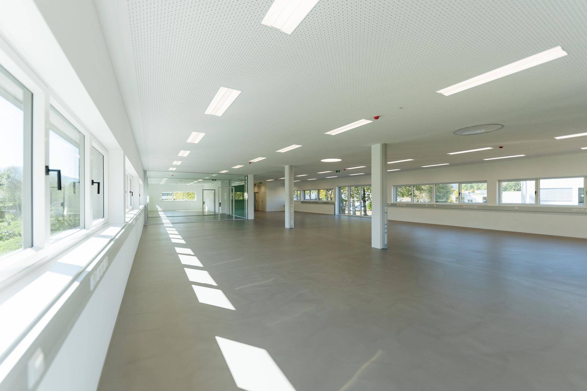 Weitläufiger, heller Bürobereich mit vielen Fenstern, Säulen und modernem Betonboden.