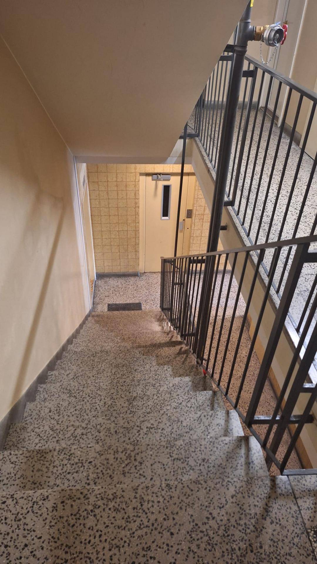 Treppenhaus mit Terrazzoboden und Metallgeländer in einem Mehrfamilienhaus.