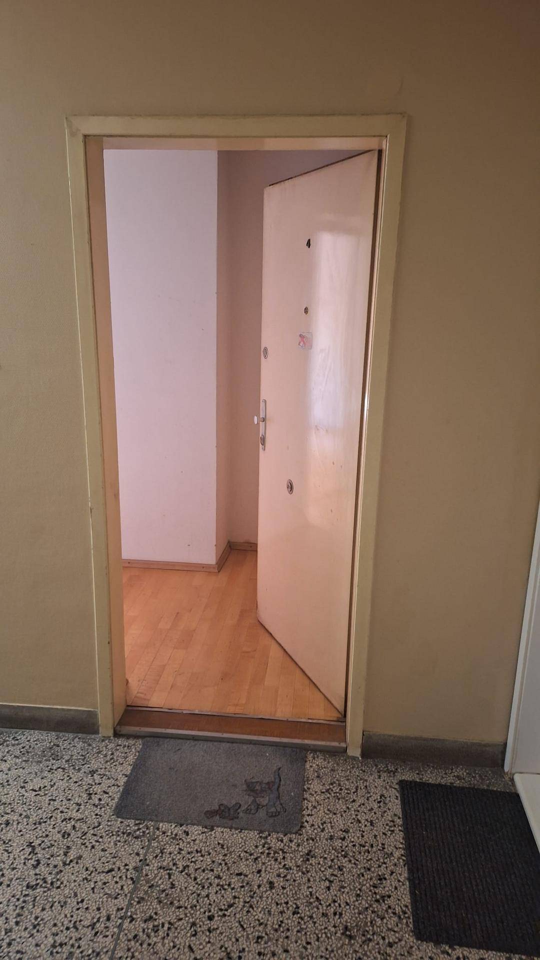 Eingangsbereich mit Terrazzoboden und offener Wohnungstür.