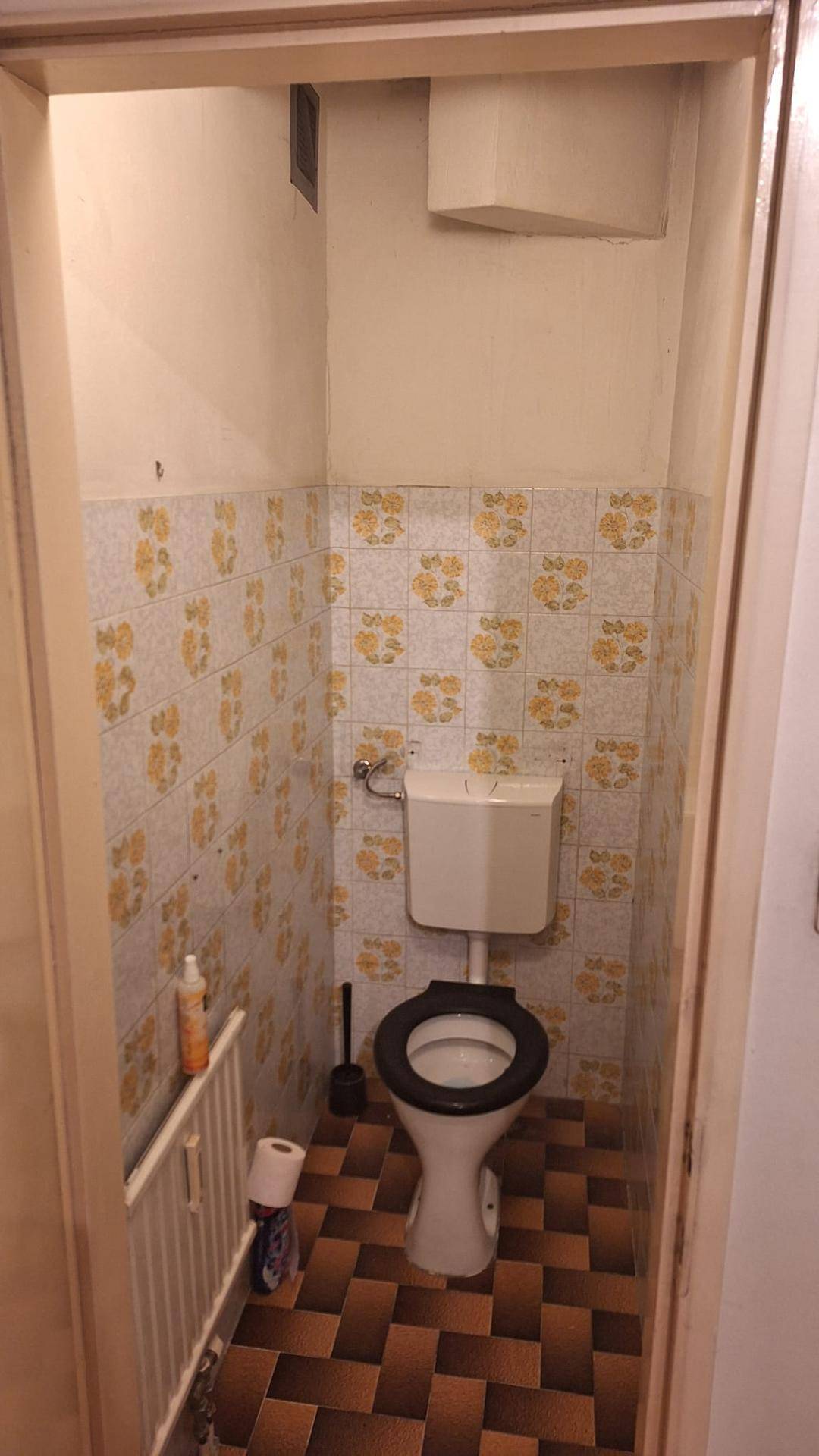 Separate Toilette mit WC, Heizkörper und gemusterten Fliesen.