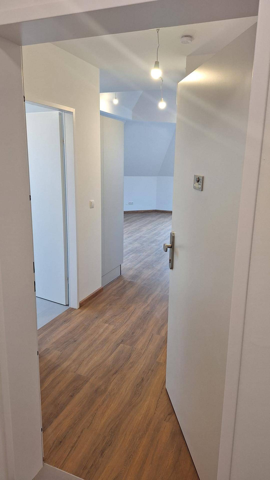 Heller Flur mit Laminatboden und weißen Wänden, der zu weiteren Räumen führt.