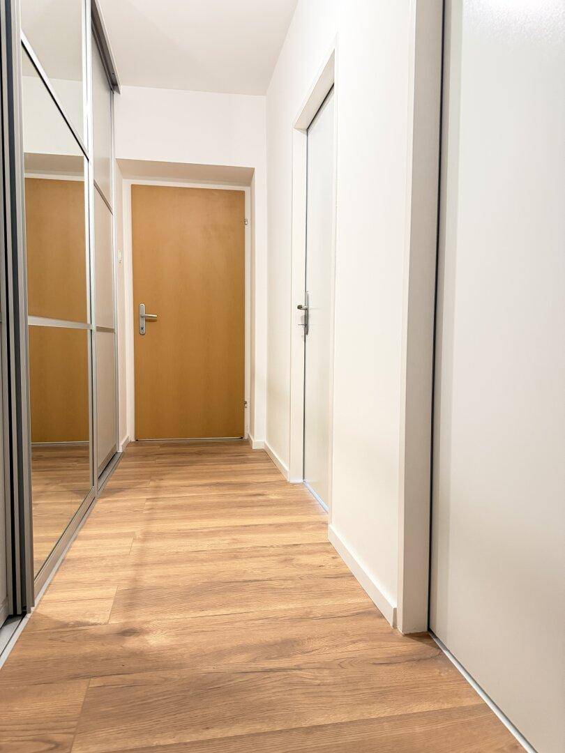 Heller Flur mit Holzfußboden und praktischen Spiegelschränken, die viel Stauraum bieten.