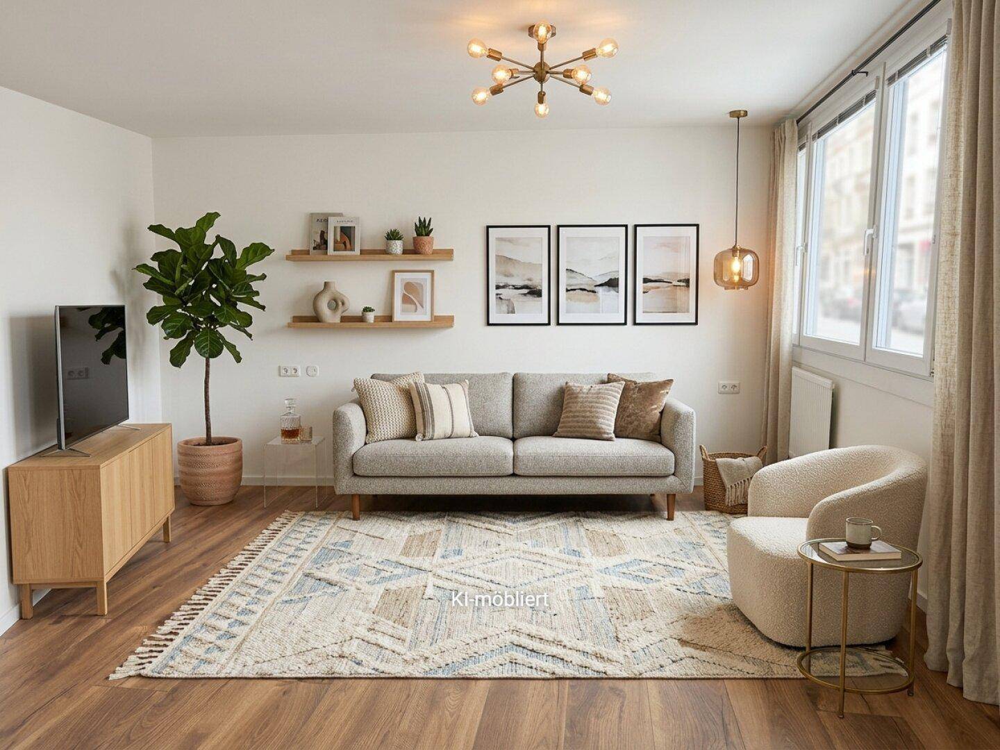 Helles Wohnzimmer mit modernem Sofa, Holzboden und dekorativen Regalen, gut beleuchtet durch große Fenster.