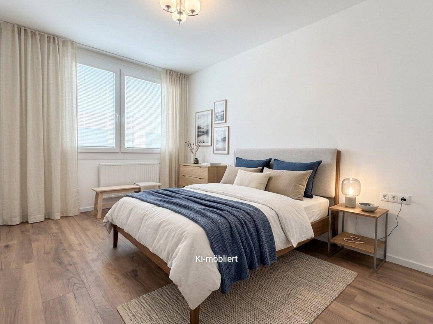 Gemütliches Schlafzimmer mit Doppelbett, Holzboden und großen Fenstern, die viel Tageslicht hereinlassen.